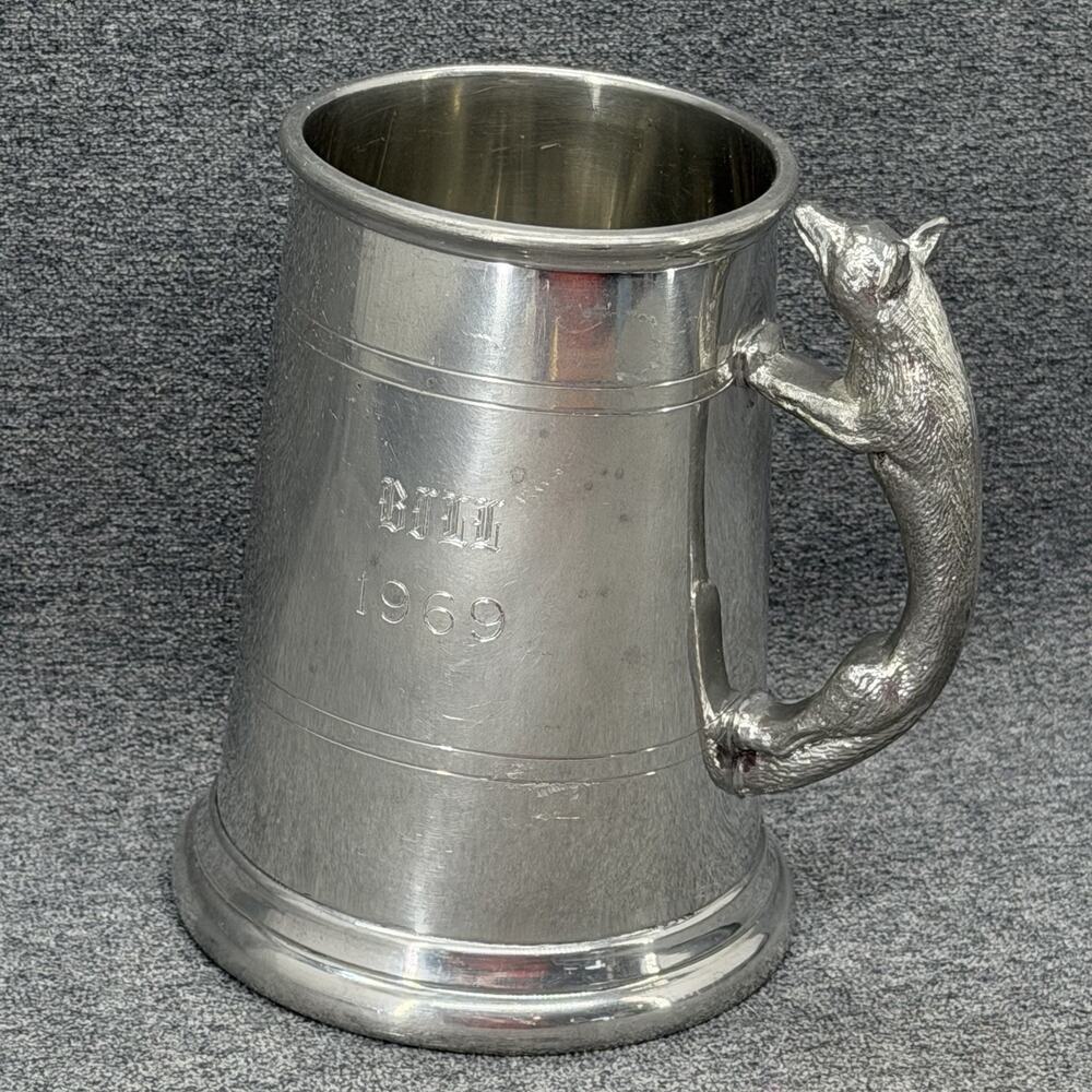 Unique Old Sheffield English Pewter Tankard Mug Fox Handle BILL 1969 Stein READ